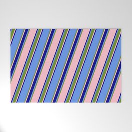 [ Thumbnail: Cornflower Blue, Green, Pink & Dark Blue Colored Striped/Lined Pattern Welcome Mat ]
