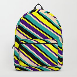 [ Thumbnail: Eyecatching Yellow, Indigo, Bisque, Light Sea Green, and Black Colored Lined Pattern Backpack ]