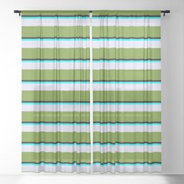 [ Thumbnail: Black, Aqua, Lavender & Green Colored Stripes Pattern Sheer Curtain ]