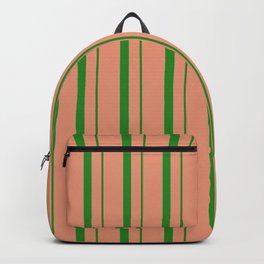 [ Thumbnail: Dark Salmon & Forest Green Colored Lines Pattern Backpack ]