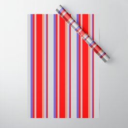 [ Thumbnail: Dark Salmon, Red, Slate Blue & Light Gray Colored Lines Pattern Wrapping Paper ]