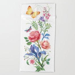  roses , irises and bell flowers with butterflies Beach Towel | Floral, Bellflower, Nature, Red, Iris, Foliage, Blue, Summer, Butterfly, Flowers 