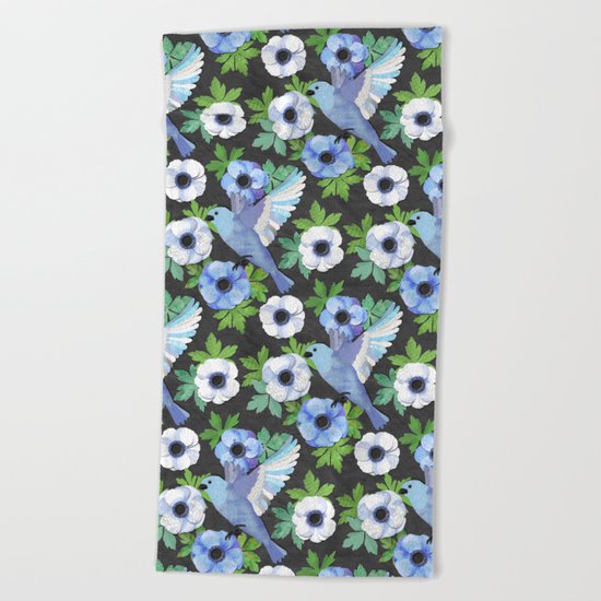 Blue Bird & Anemone Collage Beach Towel