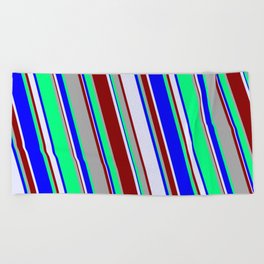 [ Thumbnail: Green, Blue, Lavender, Dark Red, and Dark Gray Colored Stripes Pattern Beach Towel ]