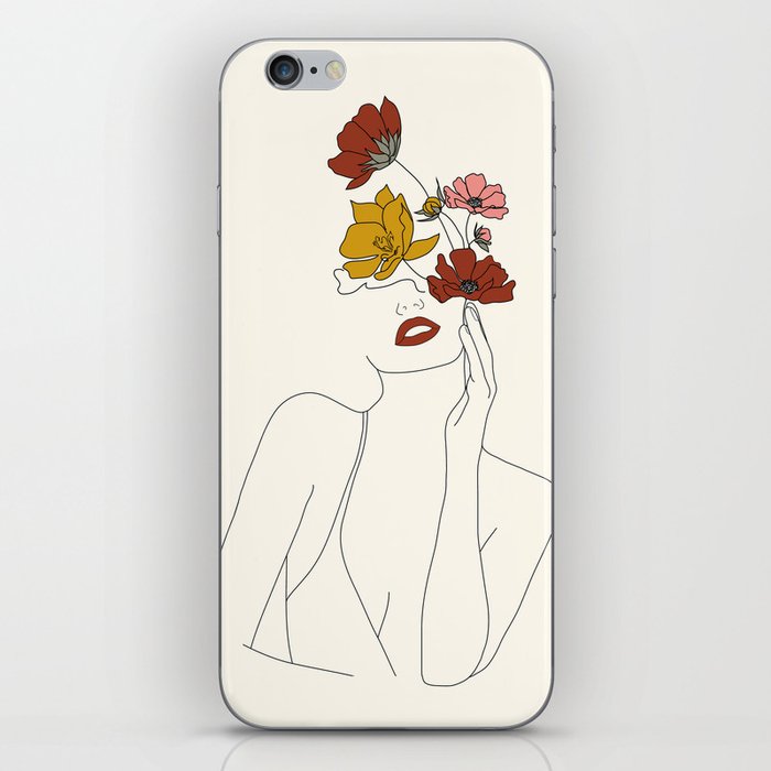 Colorful Thoughts Minimal Line Art Woman with Flowers iPhone Skin