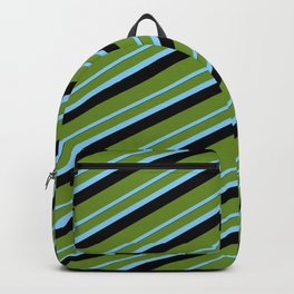 [ Thumbnail: Green, Light Sky Blue, and Black Colored Lined/Striped Pattern Backpack ]