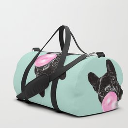 Bubble Gum Sneaky French Bulldog in Green Duffle Bag