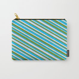 [ Thumbnail: Deep Sky Blue, Lavender, and Green Colored Lined Pattern Carry-All Pouch ]
