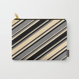 [ Thumbnail: Black, Grey & Beige Colored Striped Pattern Carry-All Pouch ]