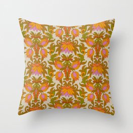 Orange, Pink Flowers and Green Leaves 1960s Retro Vintage Pattern Throw Pillow