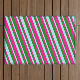 [ Thumbnail: Turquoise, Deep Pink, and Forest Green Colored Pattern of Stripes Outdoor Rug ]