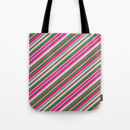 [ Thumbnail: Deep Pink, Light Grey, and Forest Green Colored Lines Pattern Tote Bag ]
