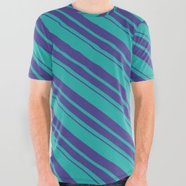 [ Thumbnail: Light Sea Green and Dark Slate Blue Colored Stripes/Lines Pattern All Over Graphic Tee ]
