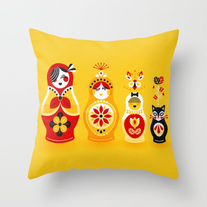 Russian Nesting Dolls – Yellow & Red Throw Pillow