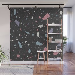 <Birds & Paper> Terrazzo Seamless Patterns 07 - Black, Pastel Pink, Light Blue, Stone, Marble, Texture, Dark Wall Mural