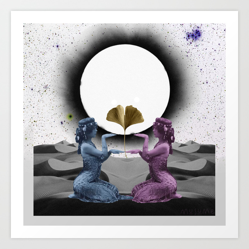 Eclipse Two Women And A Ginkgo Leaf With A Sun And Moon Kiss In The Sky Art Print By Musume Society6