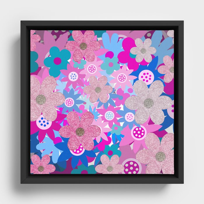 Pastel Pink and Aqua Flowers Framed Canvas