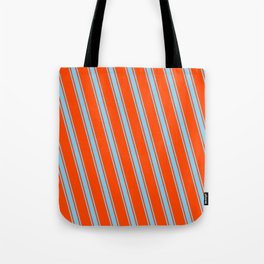 [ Thumbnail: Red and Sky Blue Colored Pattern of Stripes Tote Bag ]