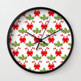 Christmas Pattern Watercolor Candy Bow Mistletoe Wall Clock