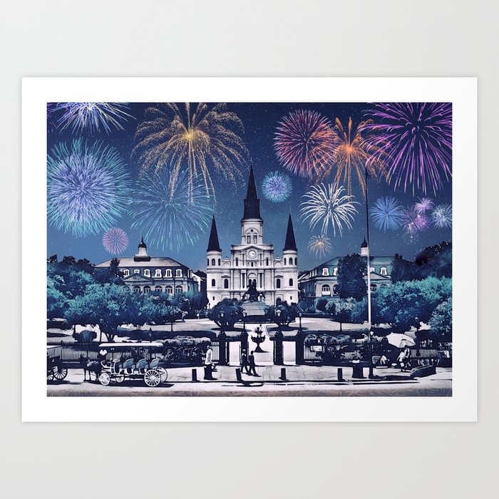 New Orleans Fireworks Iconic Cityscape Art Print by