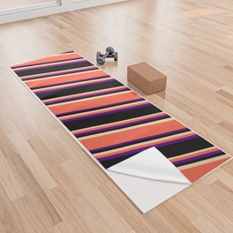 [ Thumbnail: Tan, Red, Indigo, and Black Colored Striped/Lined Pattern Yoga Towel ]