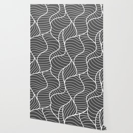Grey & White Color Leaves Line Design Wallpaper