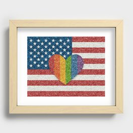 Glitter Style USA Flag with Rainbow Heart Recessed Framed Print