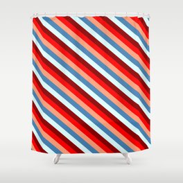 [ Thumbnail: Colorful Light Salmon, Blue, Light Cyan, Dark Red & Red Colored Stripes/Lines Pattern Shower Curtain ]