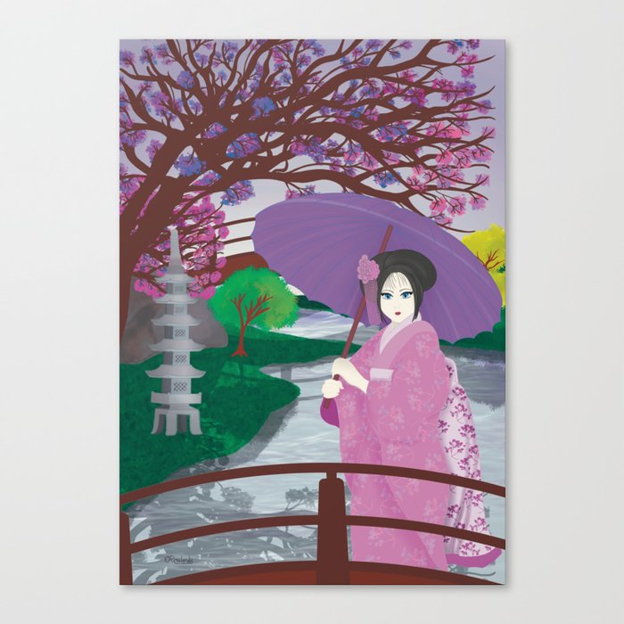 Japanese Geisha And Landscape With Cherry Blossom Tree  Canvas Print