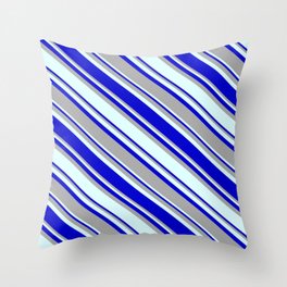[ Thumbnail: Blue, Dark Grey & Light Cyan Colored Pattern of Stripes Throw Pillow ]