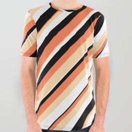 [ Thumbnail: Coral, Tan, White & Black Colored Lines/Stripes Pattern All Over Graphic Tee ]