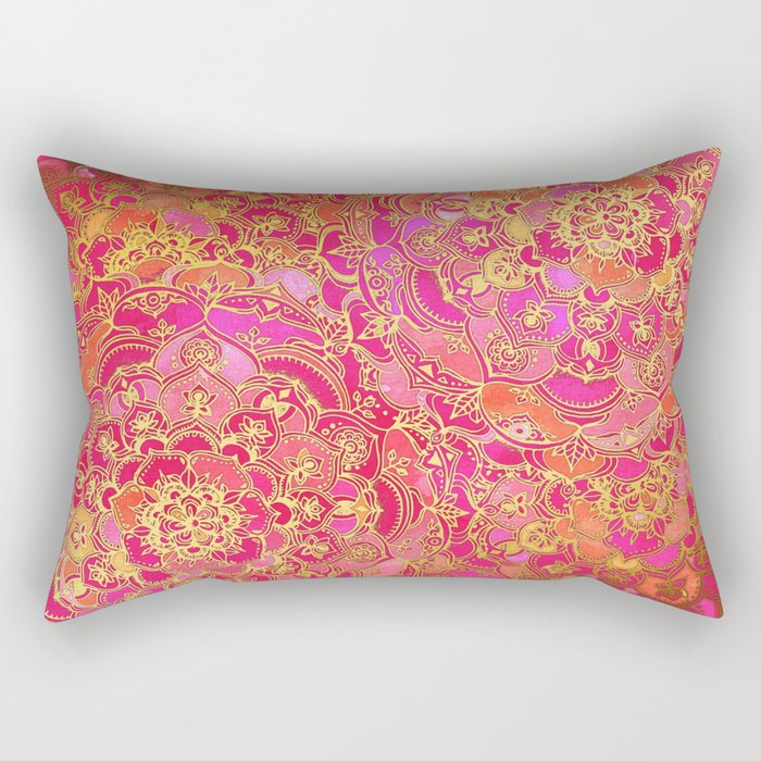 Hot Pink and Gold Baroque Floral Pattern Rectangular Pillow
