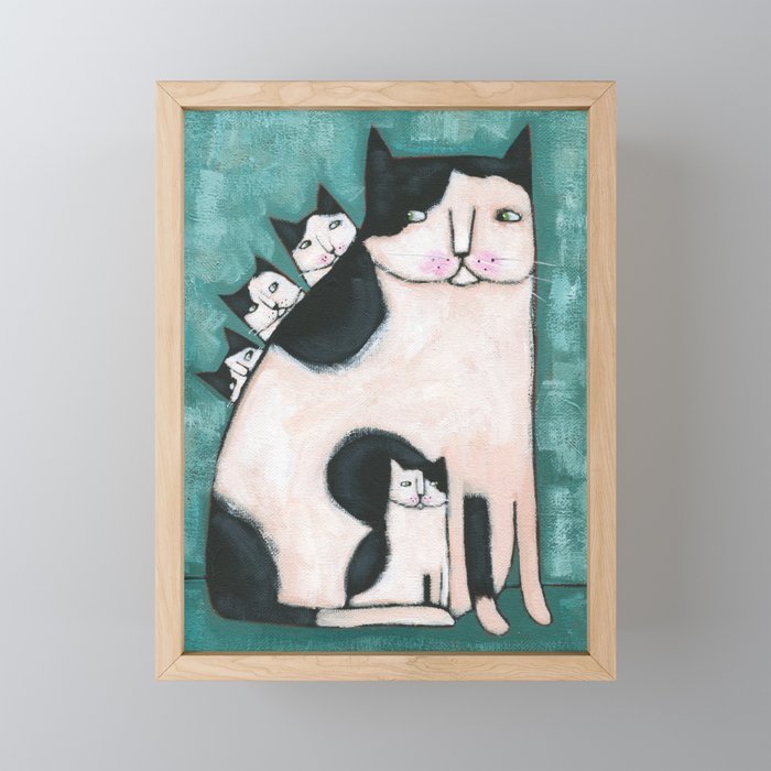 Mama Cat and Kittens Framed Mini Art Print