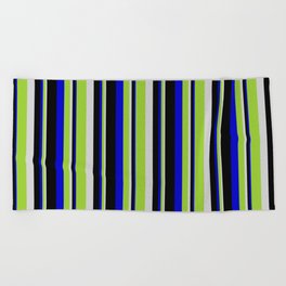 [ Thumbnail: Light Grey, Green, Blue & Black Colored Lined Pattern Beach Towel ]