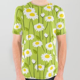 Retro Modern Daisy Flowers Green All Over Graphic Tee