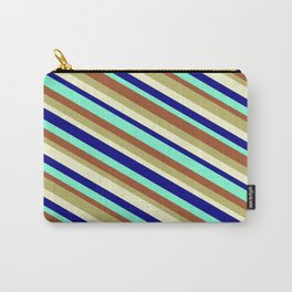 [ Thumbnail: Eye-catching Sienna, Dark Khaki, Light Yellow, Blue, and Aquamarine Colored Striped/Lined Pattern Carry-All Pouch ]
