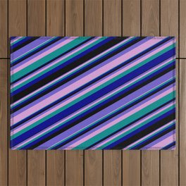 [ Thumbnail: Vibrant Slate Blue, Plum, Dark Cyan, Dark Blue & Black Colored Lines/Stripes Pattern Outdoor Rug ]