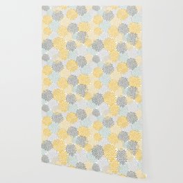 Floral Pattern, Yellow, Pale, Aqua and Gray Wallpaper