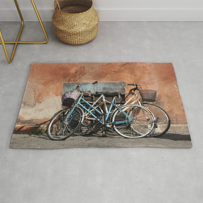 Two Vintage Bicycles Against a Wall, Trastevere, Rome, Italy Rug