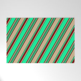 [ Thumbnail: Green, Maroon, Tan & Sea Green Colored Lined/Striped Pattern Welcome Mat ]