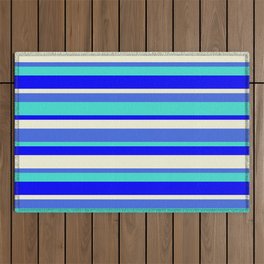 [ Thumbnail: Royal Blue, Turquoise, Blue & Beige Colored Lined Pattern Outdoor Rug ]