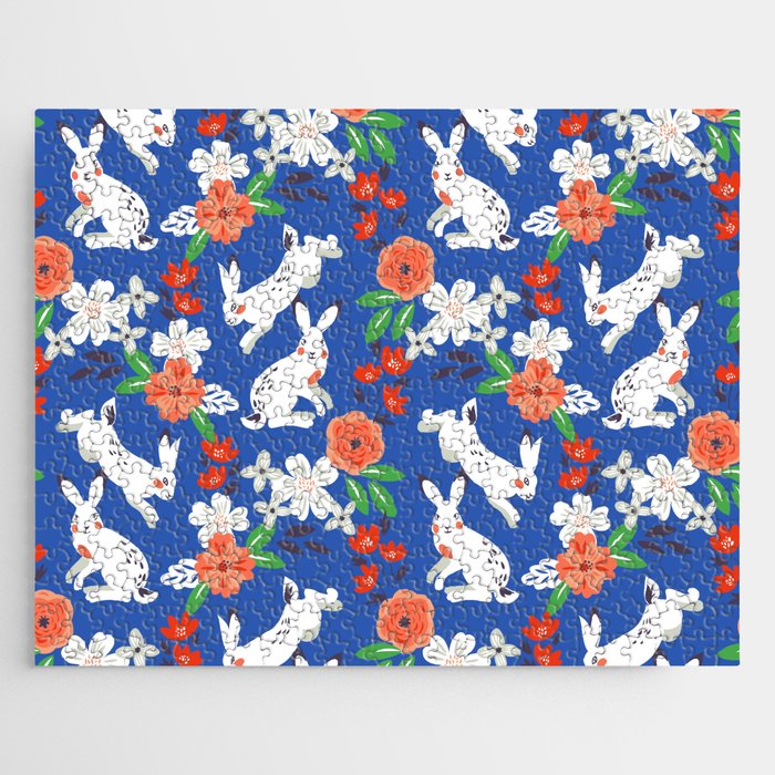 Blue White Spring Bunny Floral Garden Jigsaw Puzzle