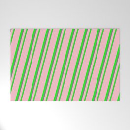 [ Thumbnail: Pink, Lime & Grey Colored Lined Pattern Welcome Mat ]