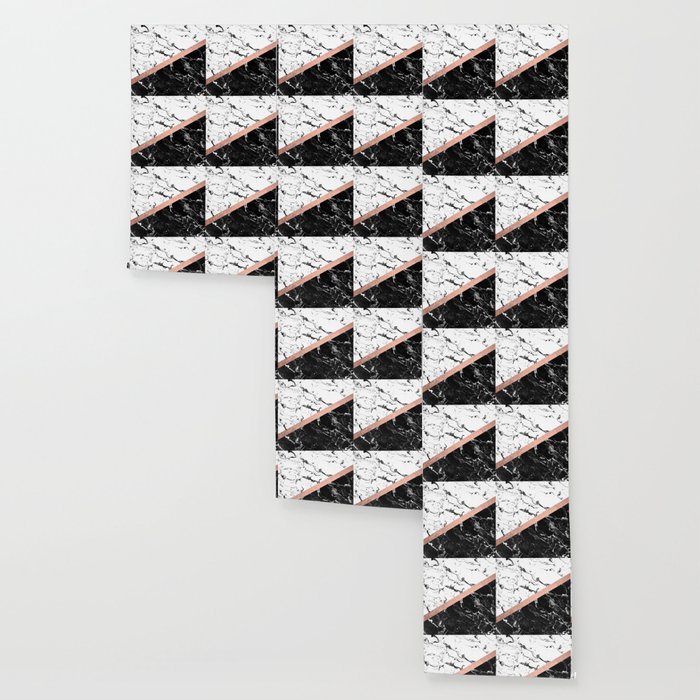 Modern Black White Marble Color Block Rose Gold Wallpaper By