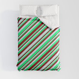 [ Thumbnail: Green, Maroon & Lavender Colored Striped/Lined Pattern Comforter ]