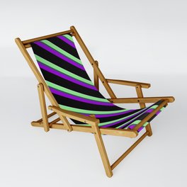 [ Thumbnail: Colorful Light Green, Dark Slate Gray, Dark Violet, Black, and Light Cyan Colored Stripes Pattern Sling Chair ]