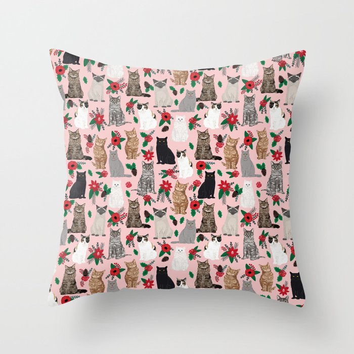 Catsmas christmas poinsettias florals cat breeds pet friendly festive holiday gifts Throw Pillow