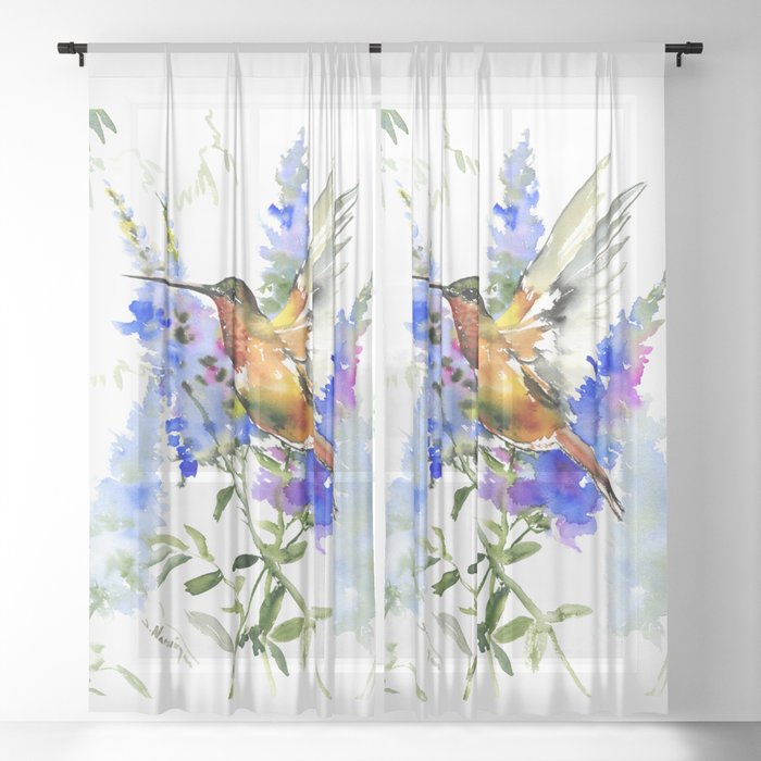 Alen's Hummingbird and Blue Flowers, floral bird design birds, watercolor floral bird art Sheer Curtain
