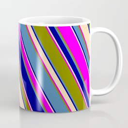 [ Thumbnail: Blue, Dark Blue, Tan, Fuchsia, and Green Colored Stripes/Lines Pattern Coffee Mug ]