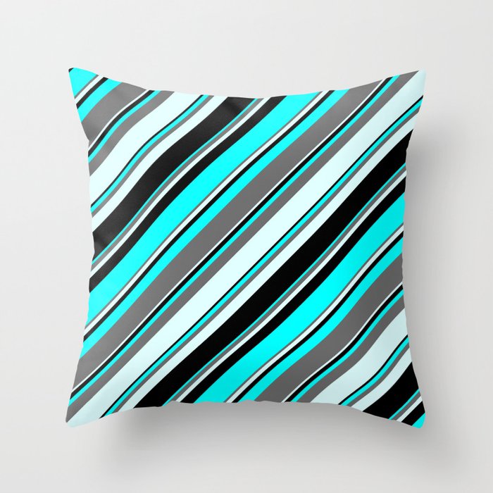 Aqua, Dim Gray, Light Cyan & Black Colored Lines/Stripes Pattern Throw Pillow